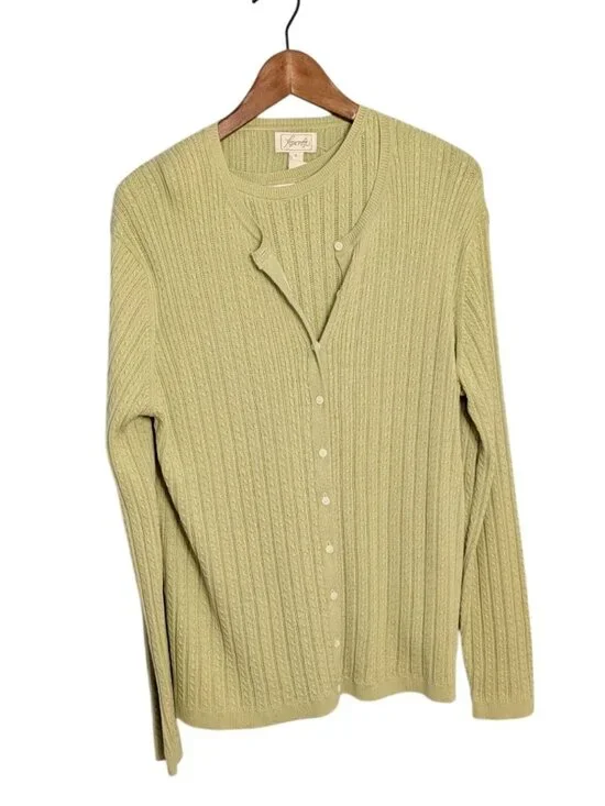 Foxcroft Women Sage Green Supima Cotton 2 Piece Cardigan Shell Set Size L Ribbed - Picture 1 of 16
